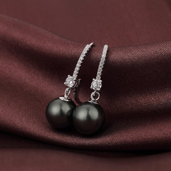 18K White Gold Plated Pearl Earrings for Women,, Cubic Zirconia Pearl Diamond - Picture 3 of 6
